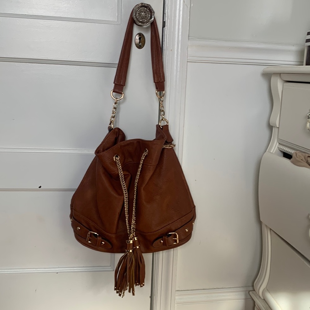 Faux Brown Leather shoulder bag with gold accents